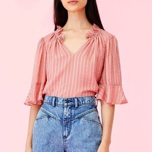 Rebecca Taylor Ruffle-trim Silk Blend Multi Lurex Stripe Top In Pink Orange